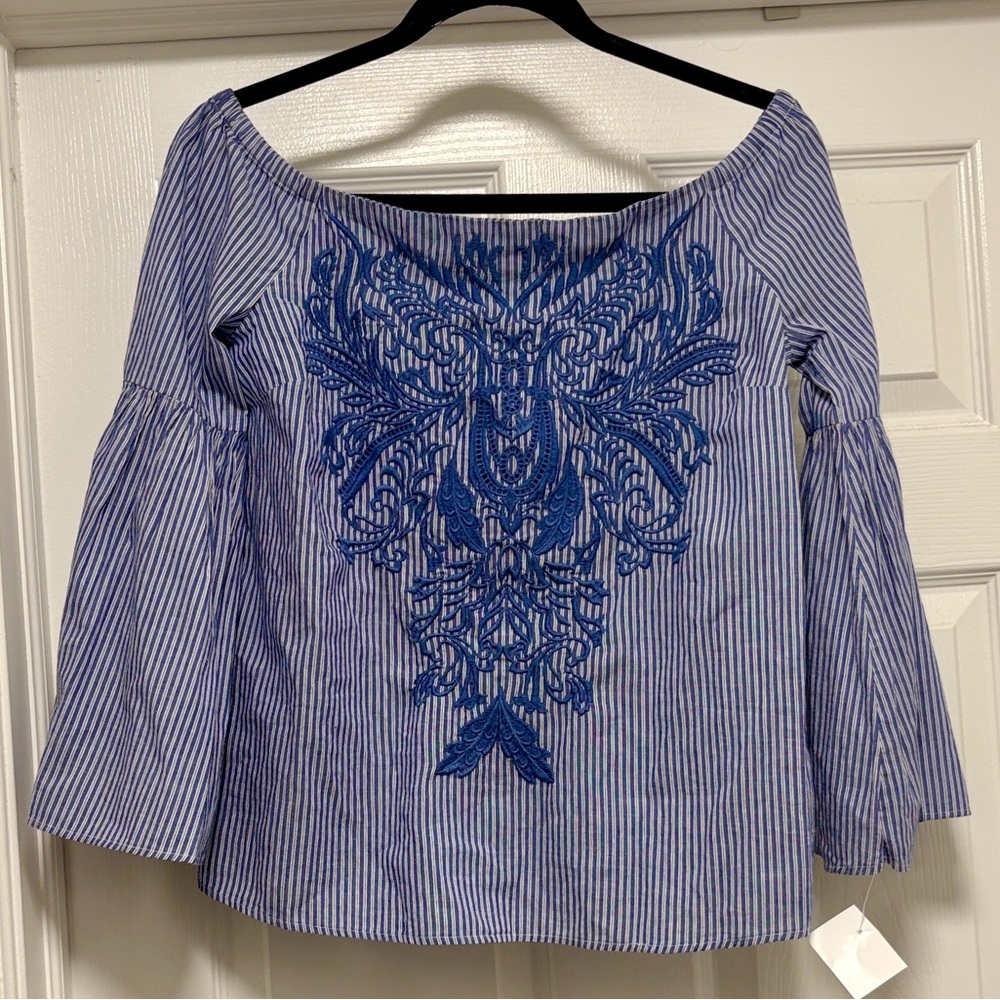 INC Blue and white Striped Embroidered Women's blouse